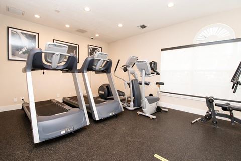 the gym has cardio equipment and a large screen tv