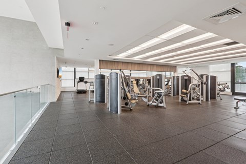 A gym with a variety of equipment including treadmills, weights, and exercise machines.