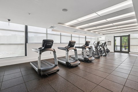 A gym with treadmills and a view of the city.
