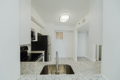 A kitchen with a sink and a refrigerator.