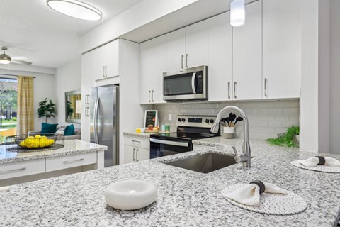 A modern kitchen with a granite countertop and stainless steel appliances.