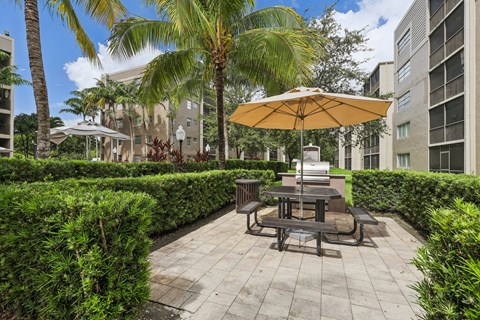 A patio with a table and chairs surrounded by green bushes.