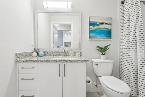 A white bathroom with a sink, toilet, and a mirror.