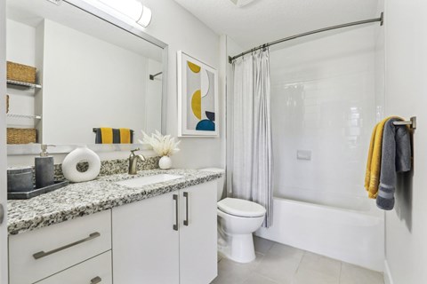 A bathroom with a toilet, sink, and a shower.