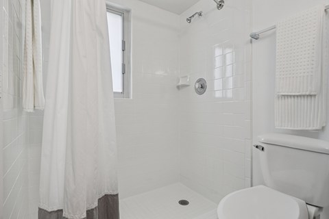 A white bathroom with a toilet, shower, and a window.