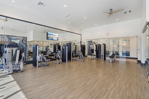 A gym with a variety of equipment including treadmills, weights, and exercise machines.