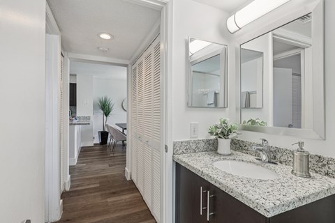 A bathroom with a sink, mirror, and wooden floor.