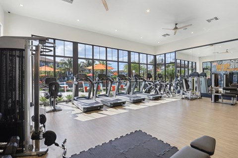 A gym with a variety of equipment and a view of the outdoors.