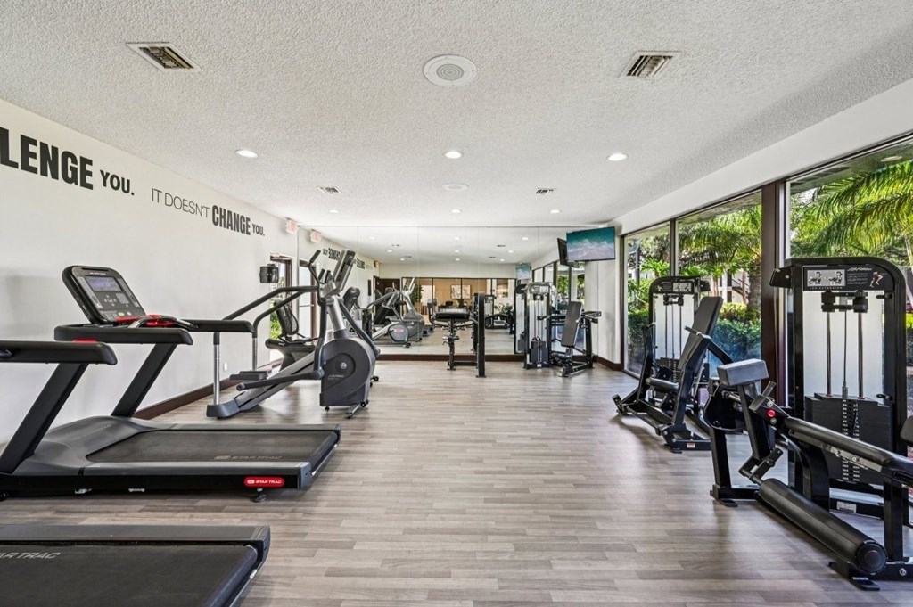 A gym with treadmills, weights and exercise machines.