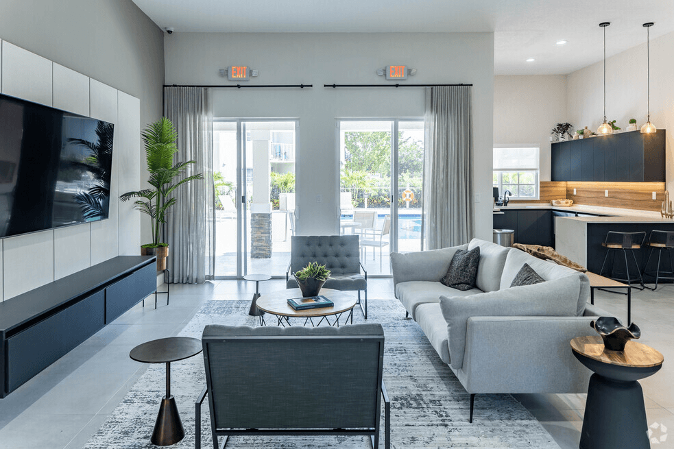a living room with a couch and a table