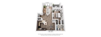 A 3D floor plan of a small apartment with a kitchen, living room, and bathroom.