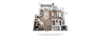 A 3D floor plan of a house with a kitchen, living room, and bathroom.