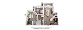 A 3D floor plan of a house with a living room, kitchen, and bathroom.