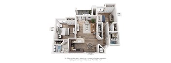 A 3D floor plan of a small apartment with a kitchen, living room, and bathroom.