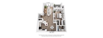 A 3D floor plan of a small apartment with a kitchen, living room, and bathroom.