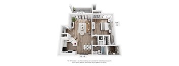 A 3D floor plan of a house with a kitchen, living room, and bathroom.