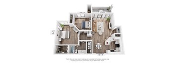 A 3D floor plan of a house with a living room, kitchen, and two bedrooms.