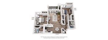 A 3D floor plan of a small apartment with a kitchen, living room, and bathroom.