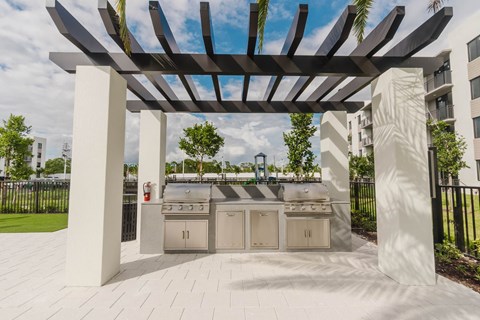 A modern outdoor kitchen setup is framed by a striking black and white pergola.