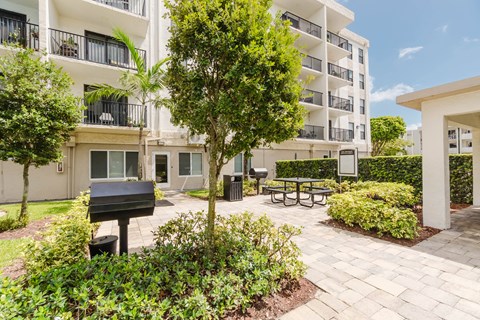A tree in a landscaped courtyard in front of apartment buildings.