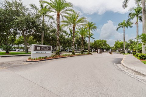 A street view of Legacy Apartments with a sign and palm trees.