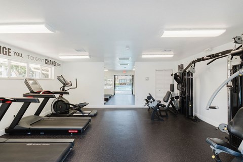 A gym with treadmills and weights.