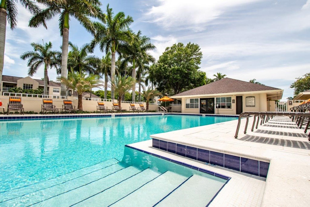 a swimming pool with palm trees and a house in the background