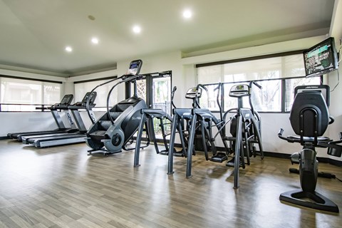 A gym with treadmills, exercise bikes, and other equipment.