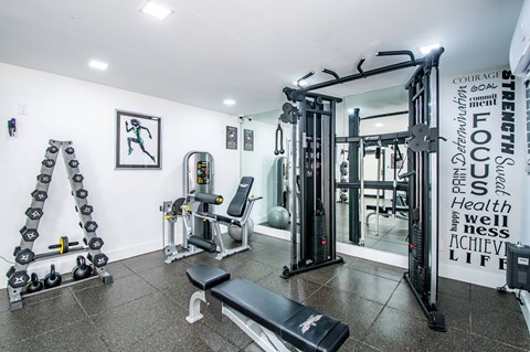 A gym with a variety of equipment including weights and a bench.