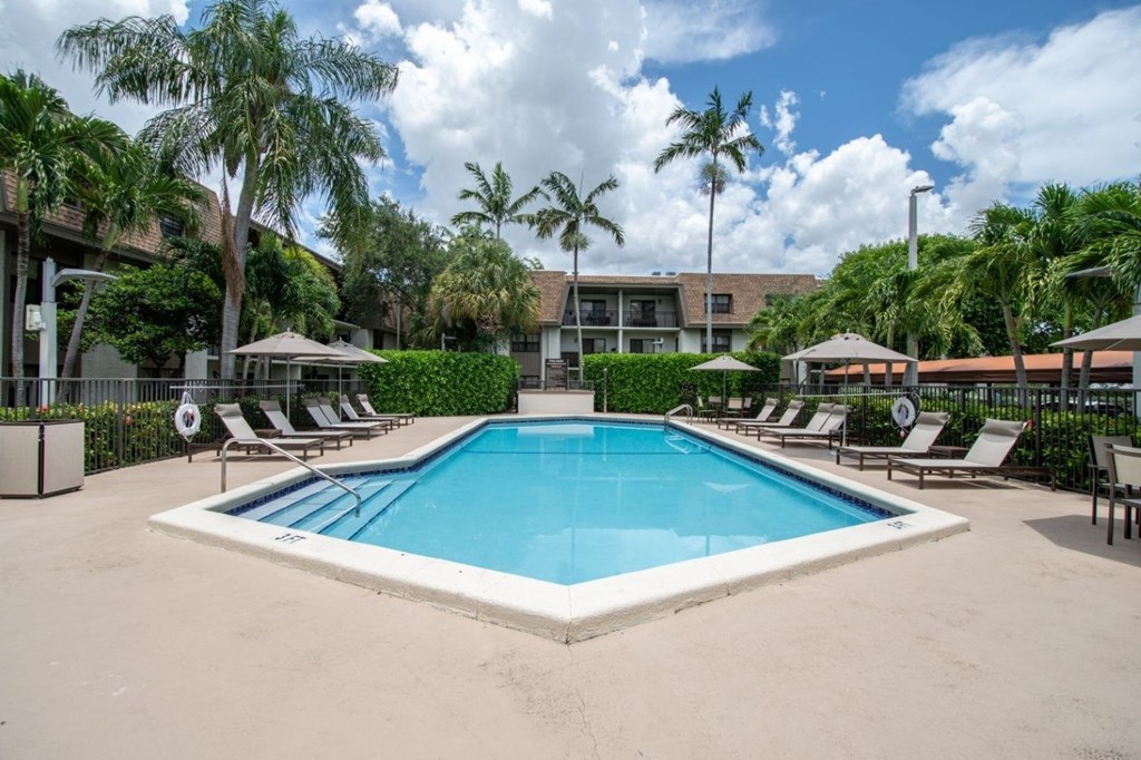A swimming pool surrounded by palm trees and lounge chairs.