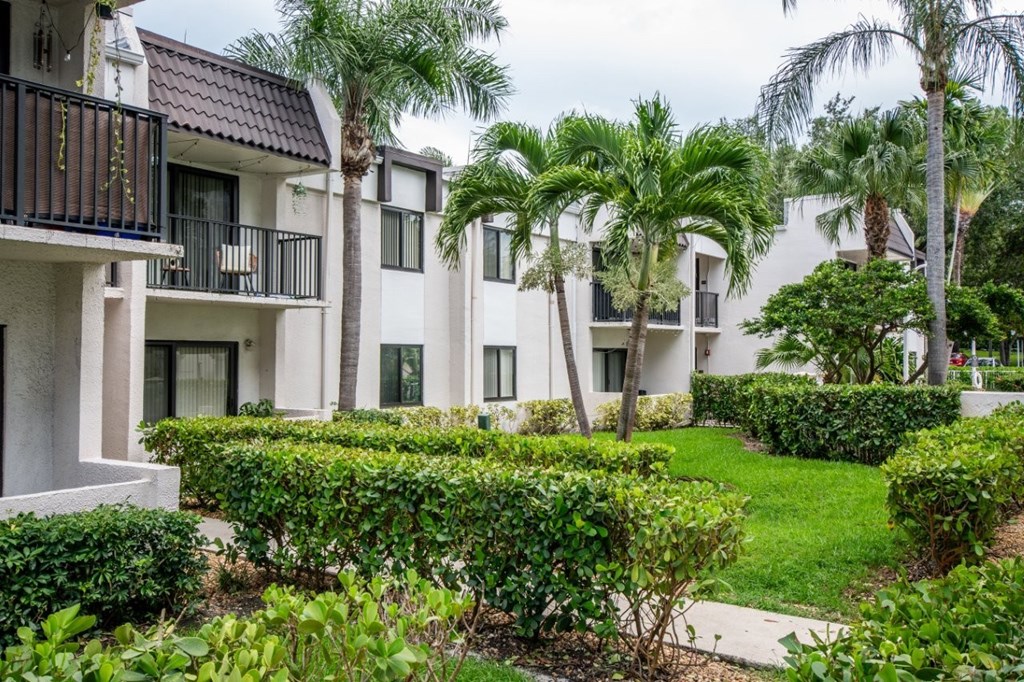 A row of white buildings with balconies and palm trees in front.