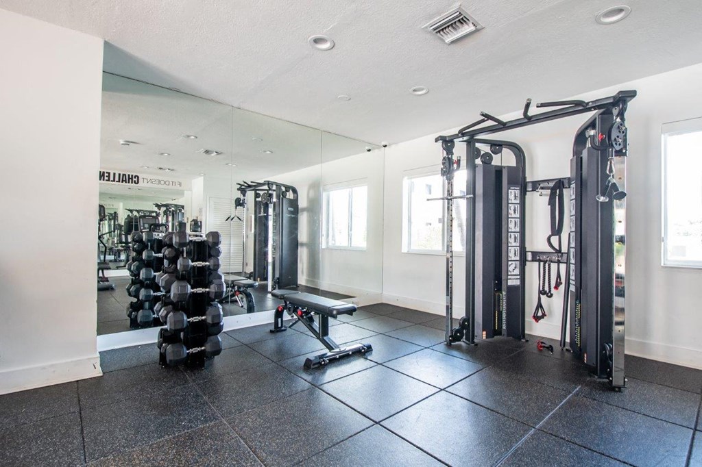 the gym is equipped with weights and cardio equipment