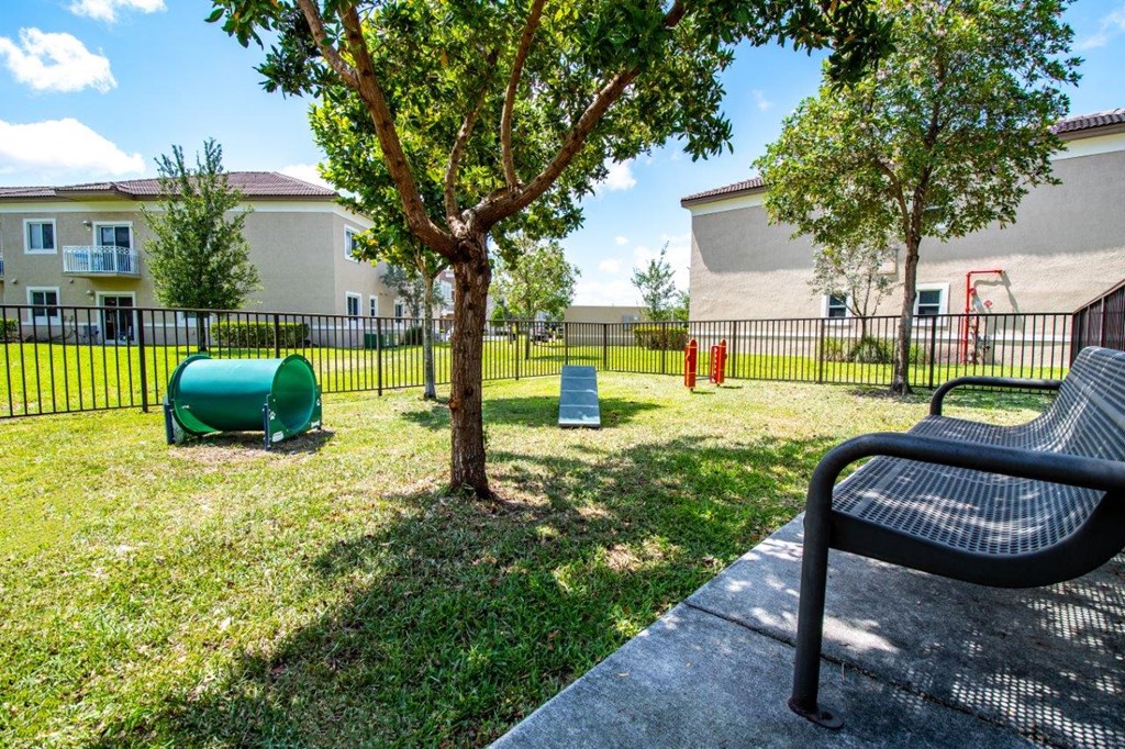 our apartments have a park with a playground and a tree