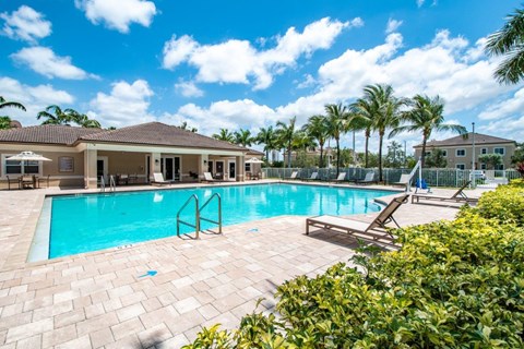 a swimming pool with palm trees and a house in the background