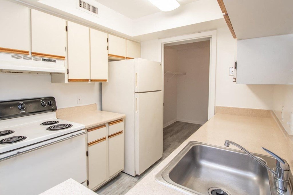 a kitchen with a sink and a stove and a refrigerator