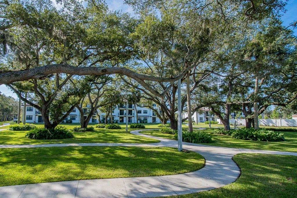 a pathway through a park with trees and houses in the background