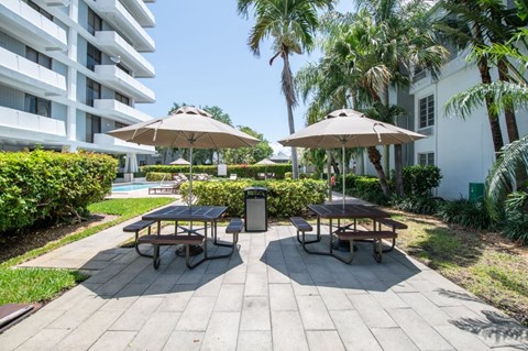 Two picnic tables are surrounded by palm trees and umbrellas.