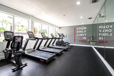 a gym with cardio equipment and windows in a building