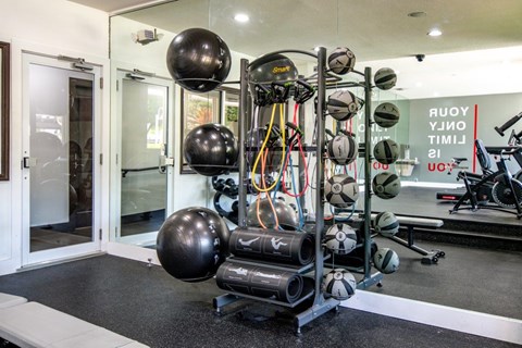 a gym with weights and equipment on the floor and a glass door