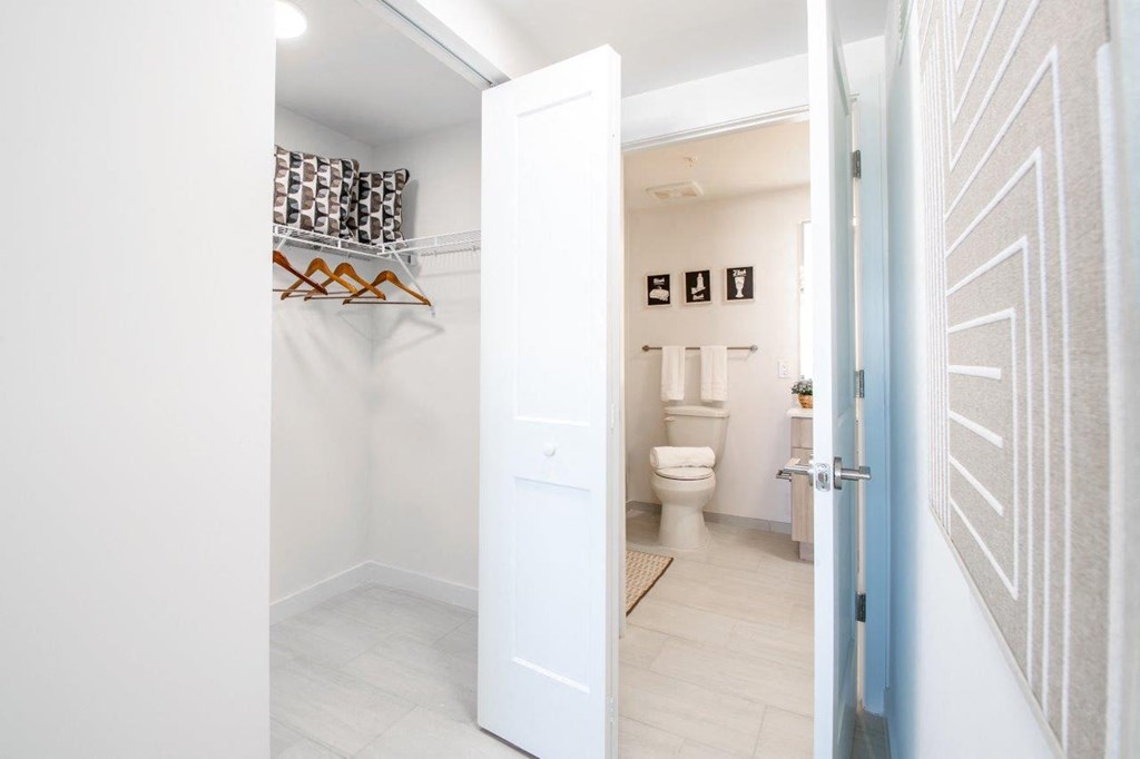 a white bathroom with a toilet and a walk in closet