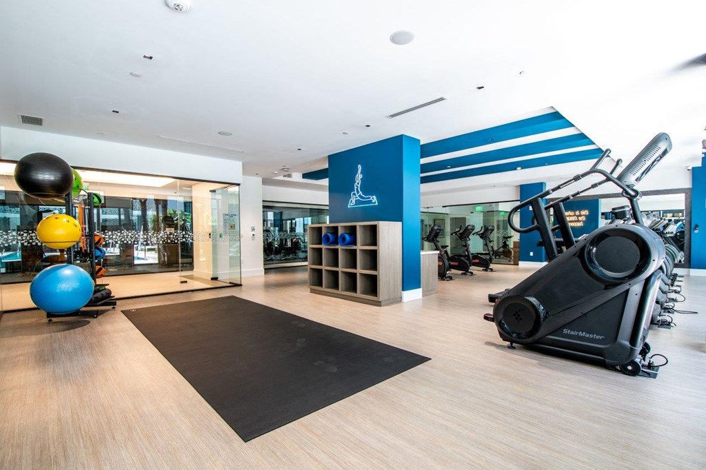 a gym with weights and exercise equipment at aria on the bay condos