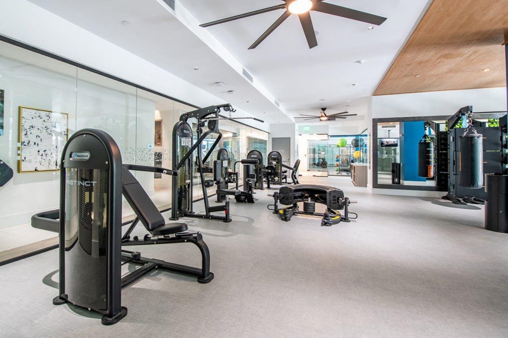 a gym with weights and other equipment in a building with glass walls