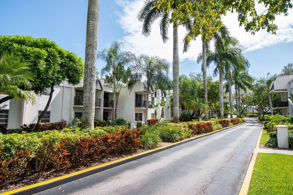 a street in front of apartments with palm trees