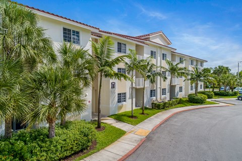 a building with palm trees in front of it on a street