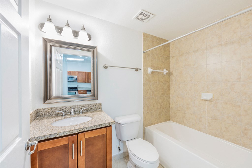 a bathroom with a sink toilet and tub and a mirror