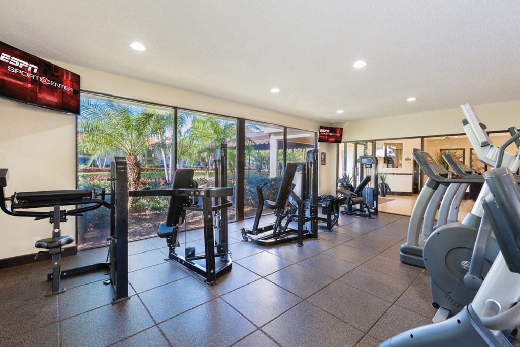a gym with cardio equipment and a window view of a garden