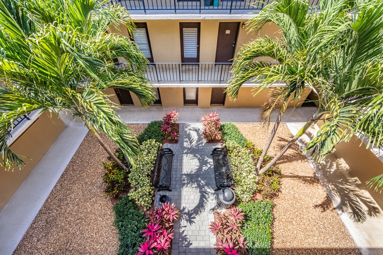 an aerial view of a courtyard with palm trees