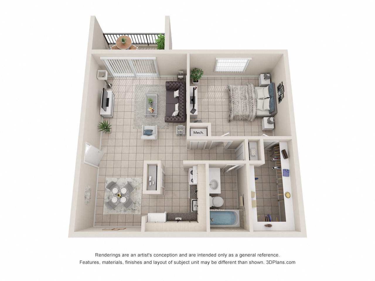 1 bedroom floor plan with a bathroom and a living room