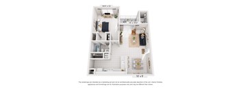 A floor plan of a small apartment with a kitchen, living room, and bathroom.