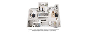 A floor plan of a small apartment with a kitchen, living room, and bathroom.